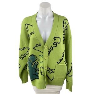 Andreilee Womens Green Dinosaur Print Button Pocket Oversized Cardigan Sweater L